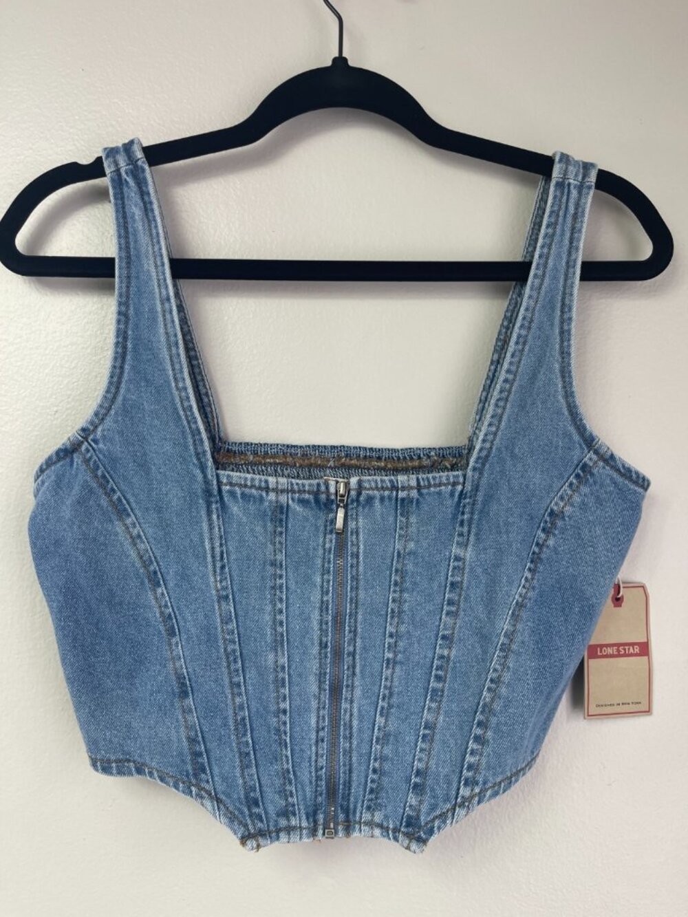 Lone Star Denim Corset Crop Top Medium Blue Zip Front Smocked Back Cotton